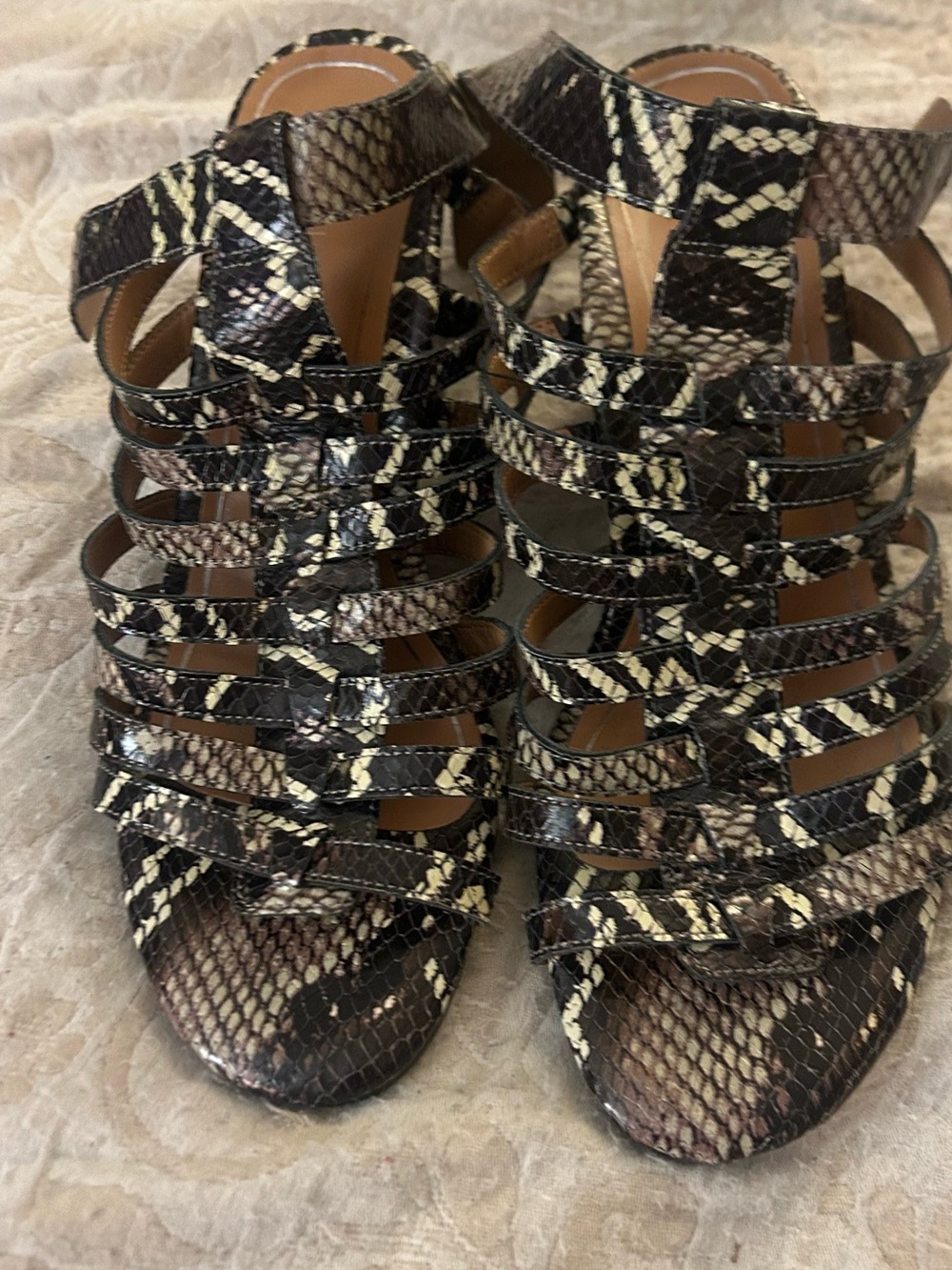 Vionic Sami Snake-Print Strappy Caged Block Heeled Sandals